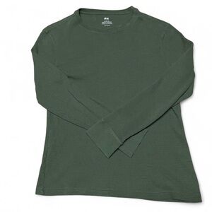 H&M Men’s Slim Fit Henley Green Long Sleeve T-Shirt Waffle Knit Ribbed Size L